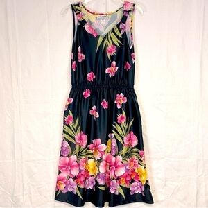 Vintage‎ Floral Midi Dress Size M Sleeveless V Neck Pleated Pockets Tropical